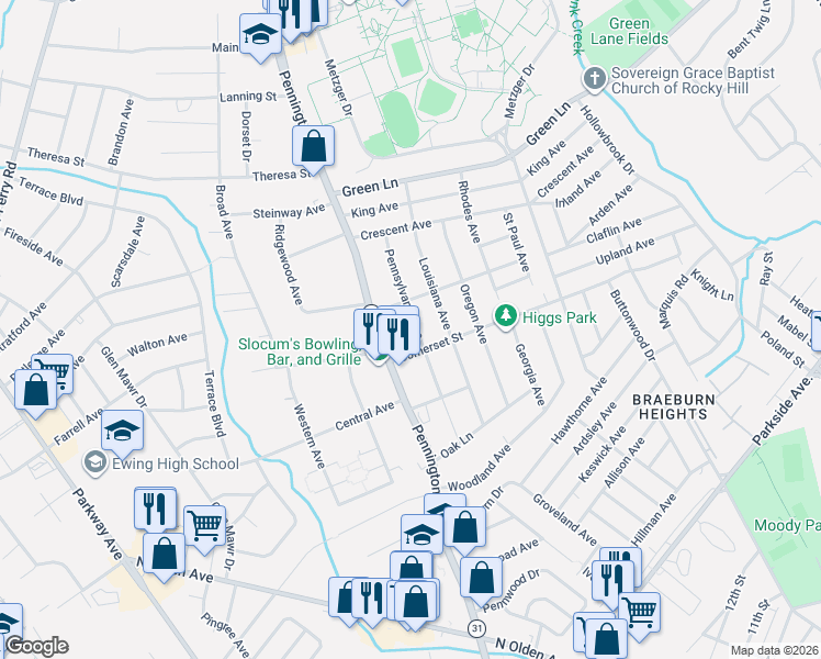 map of restaurants, bars, coffee shops, grocery stores, and more near 91 Pennsylvania Avenue in Ewing Township