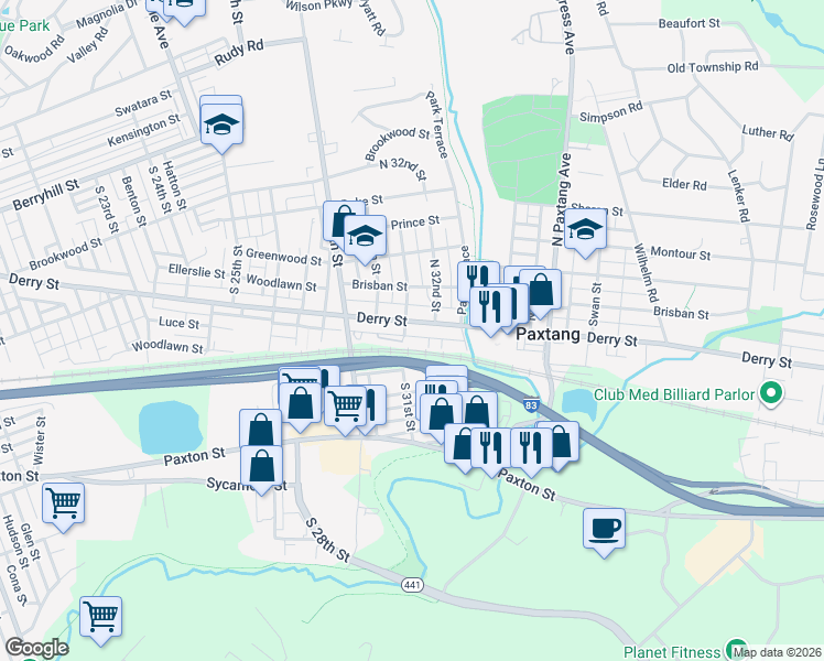 map of restaurants, bars, coffee shops, grocery stores, and more near 3108 Pike Street in Paxtang