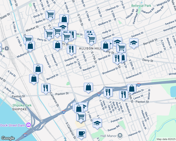 map of restaurants, bars, coffee shops, grocery stores, and more near 534 South 16th Street in Harrisburg