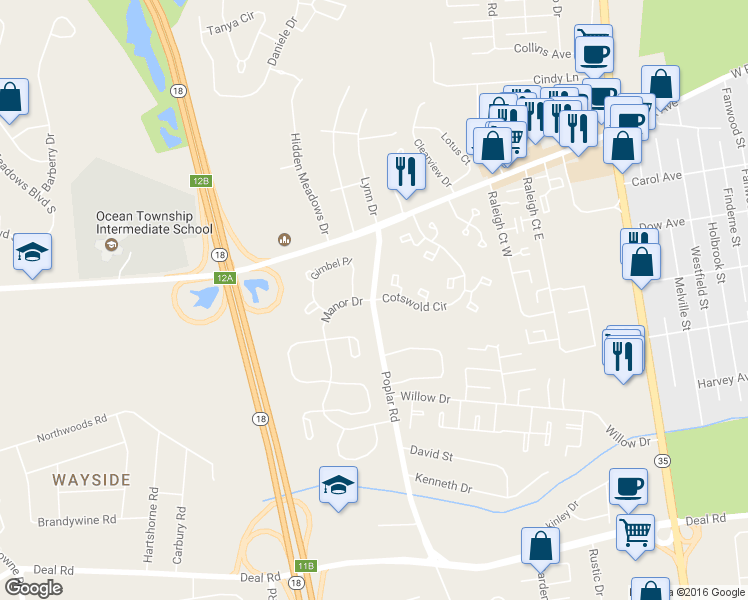 map of restaurants, bars, coffee shops, grocery stores, and more near 33 Cotswold Circle in Asbury Park