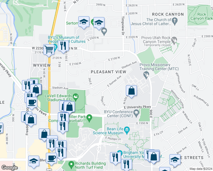 map of restaurants, bars, coffee shops, grocery stores, and more near 501 East Sumac Avenue in Provo