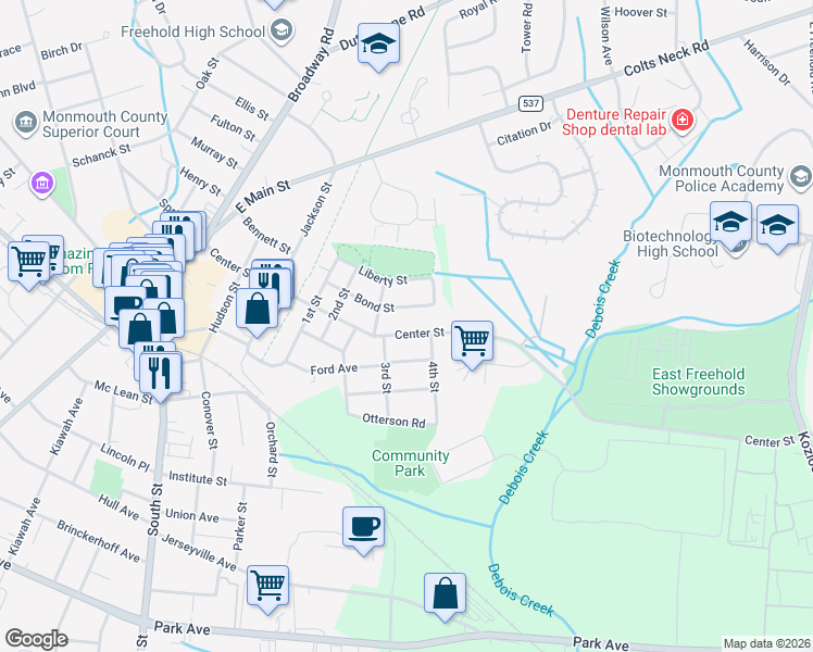 map of restaurants, bars, coffee shops, grocery stores, and more near 120 Center Street in Freehold