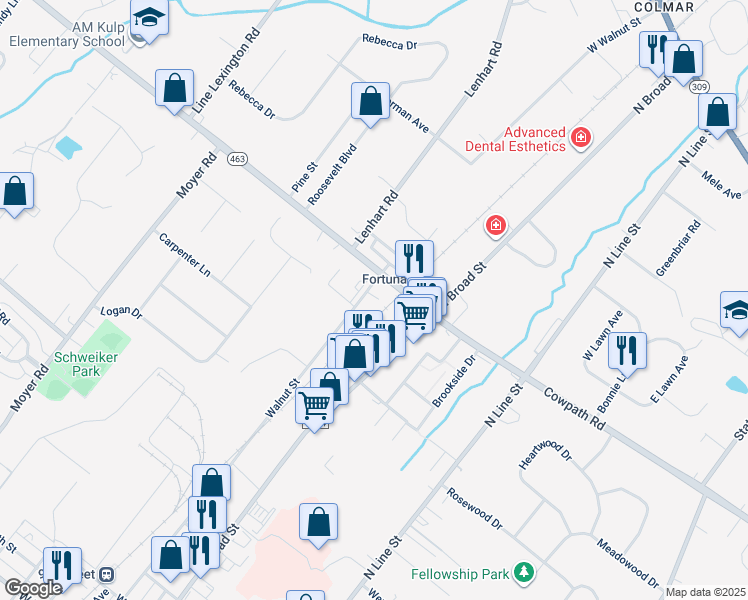 map of restaurants, bars, coffee shops, grocery stores, and more near 1753 Walnut Street in Lansdale