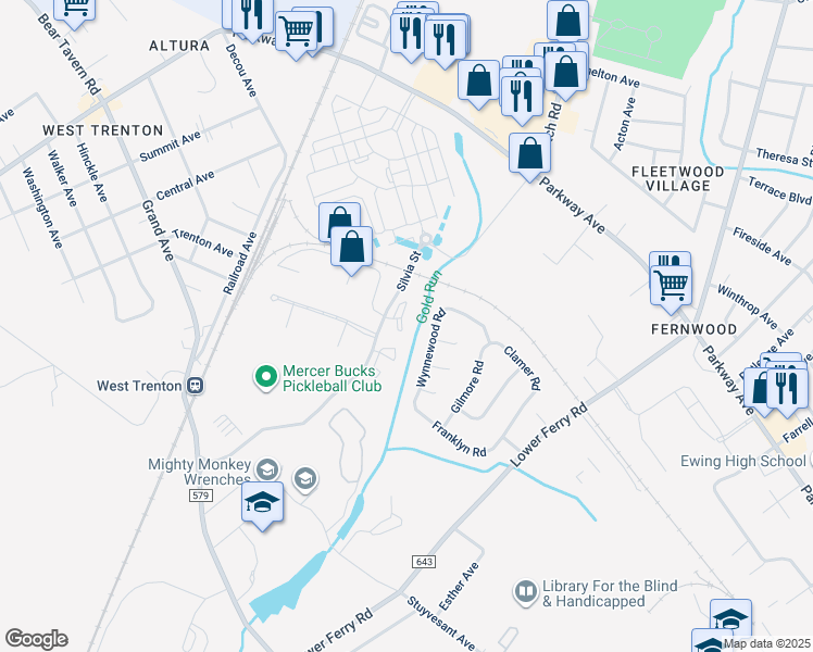 map of restaurants, bars, coffee shops, grocery stores, and more near 515 Silvia Street in Ewing Township