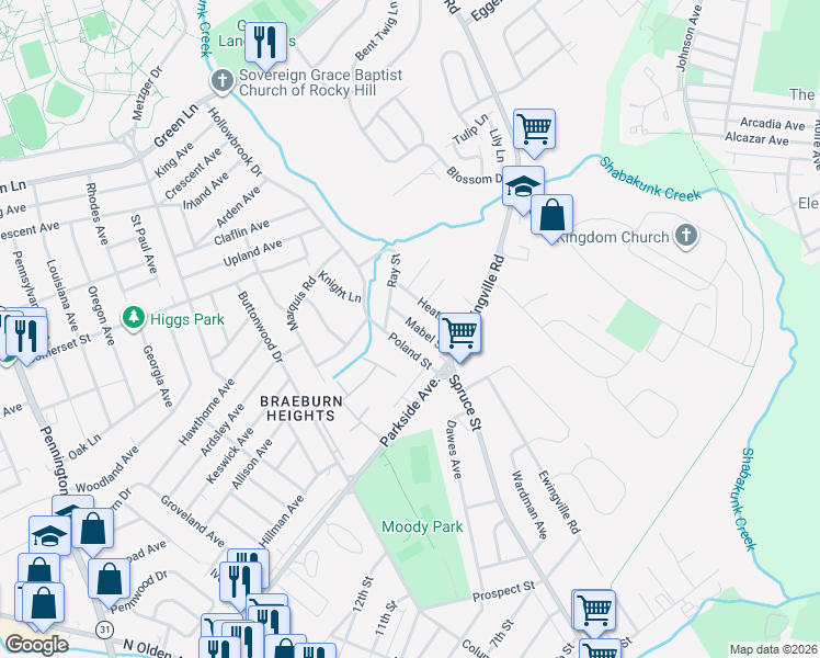 map of restaurants, bars, coffee shops, grocery stores, and more near 39 Mabel Street in Trenton