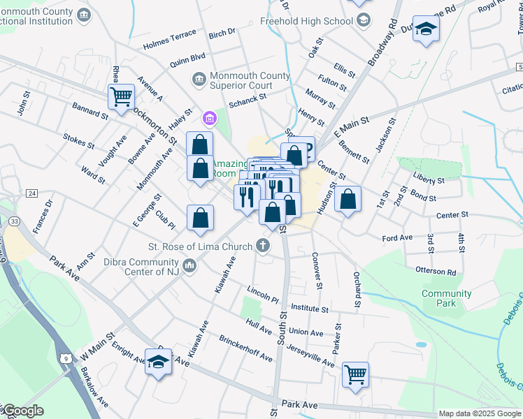 map of restaurants, bars, coffee shops, grocery stores, and more near 18 Throckmorton Street in Freehold