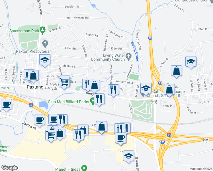 map of restaurants, bars, coffee shops, grocery stores, and more near 3838 Brisban Street in Harrisburg