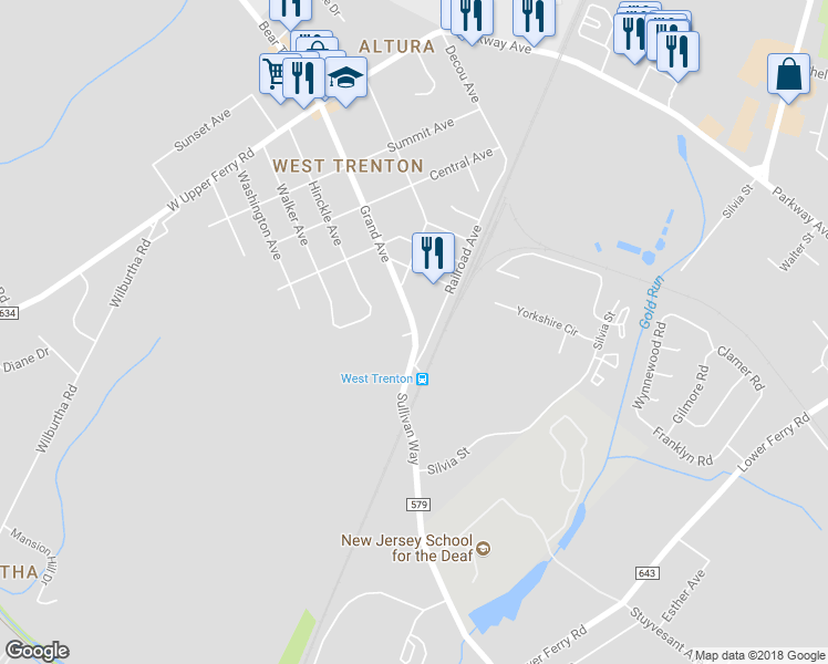 map of restaurants, bars, coffee shops, grocery stores, and more near 453 Grand Avenue in Ewing Township