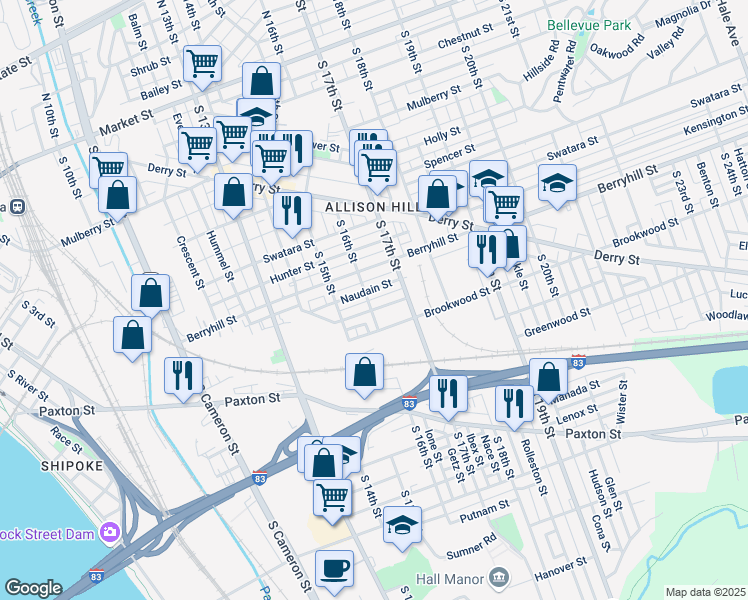 map of restaurants, bars, coffee shops, grocery stores, and more near 535 South 16th Street in Harrisburg
