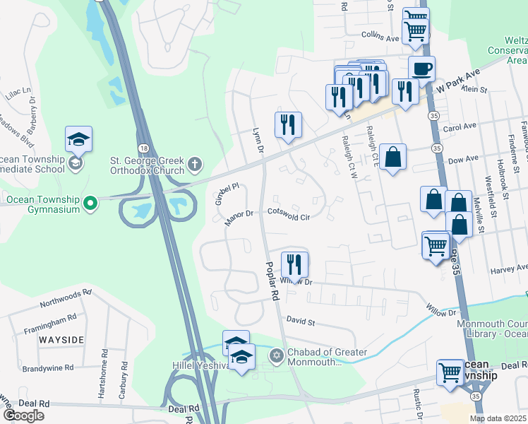 map of restaurants, bars, coffee shops, grocery stores, and more near 40 Cotswold Circle in Monmouth County