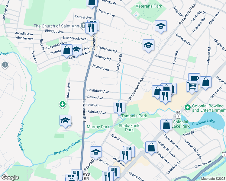 map of restaurants, bars, coffee shops, grocery stores, and more near 60 Smithfield Avenue in Lawrence Township