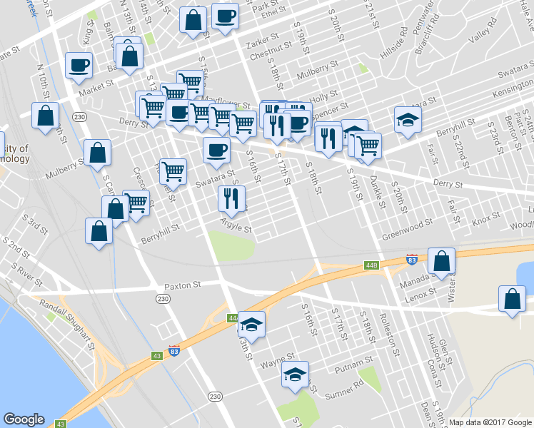map of restaurants, bars, coffee shops, grocery stores, and more near 532 South 16th Street in Harrisburg