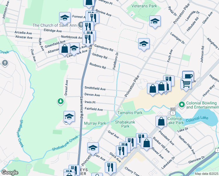 map of restaurants, bars, coffee shops, grocery stores, and more near 60 Smithfield Avenue in Lawrence Township