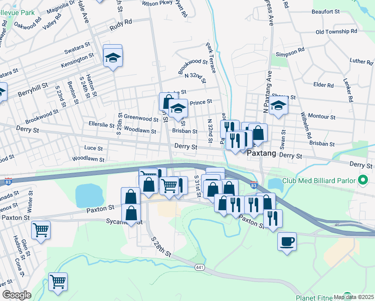 map of restaurants, bars, coffee shops, grocery stores, and more near 3013 Derry Street in Harrisburg