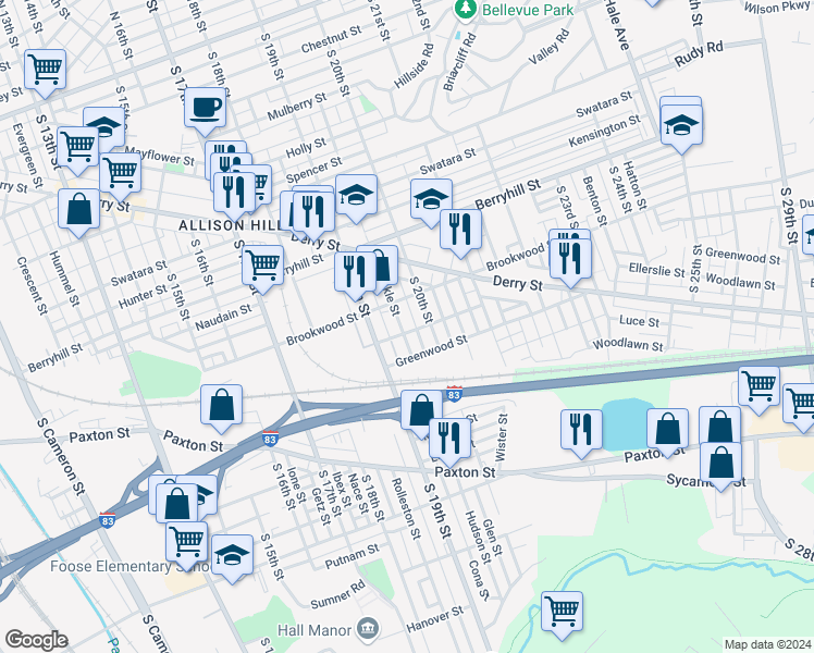 map of restaurants, bars, coffee shops, grocery stores, and more near 637 Dunkle Street in Harrisburg