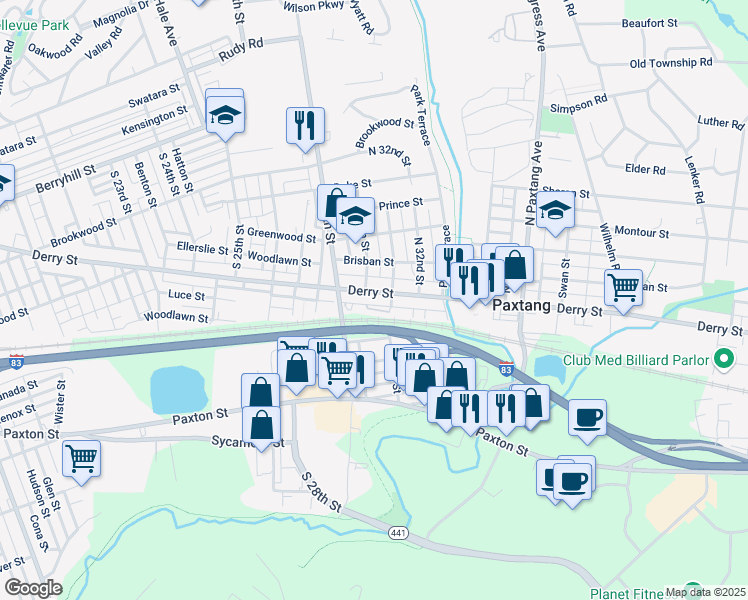map of restaurants, bars, coffee shops, grocery stores, and more near 3013 Derry Street in Harrisburg