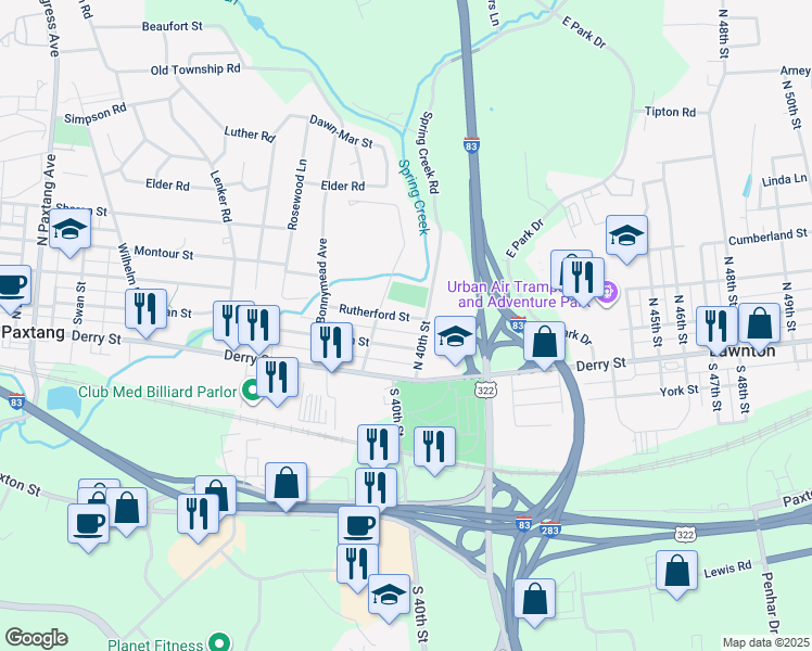 map of restaurants, bars, coffee shops, grocery stores, and more near 3913 Rutherford Street in Harrisburg