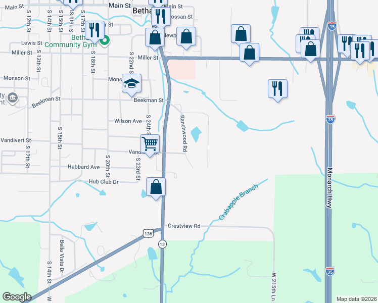 map of restaurants, bars, coffee shops, grocery stores, and more near 901 Ranchwood Road in Bethany