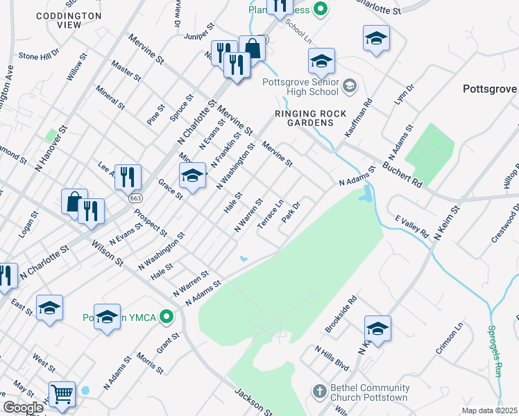 map of restaurants, bars, coffee shops, grocery stores, and more near 1012 North Warren Street in Pottstown