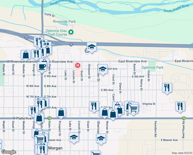 map of restaurants, bars, coffee shops, grocery stores, and more near 722 Old Fort Place in Fort Morgan