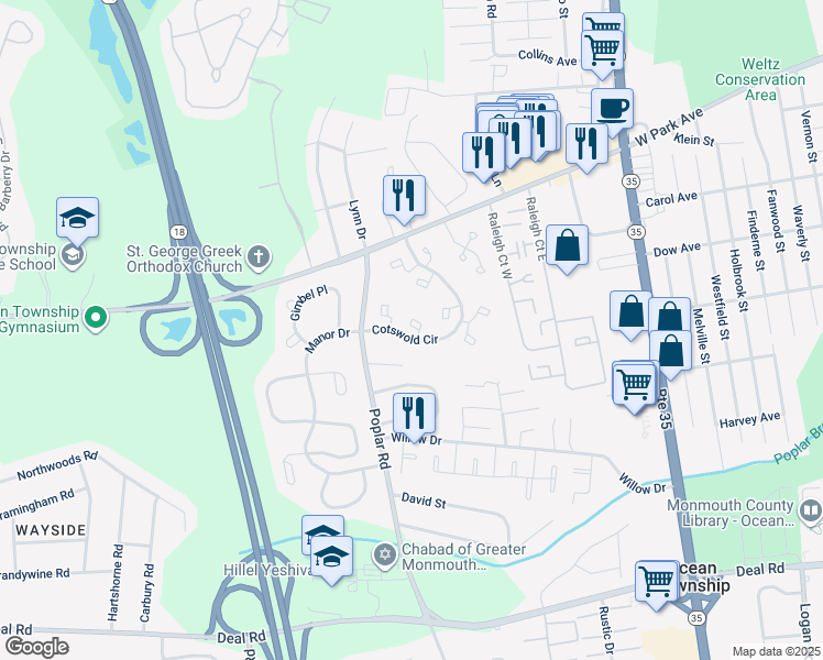 map of restaurants, bars, coffee shops, grocery stores, and more near 17 Cotswold Circle in Ocean Township