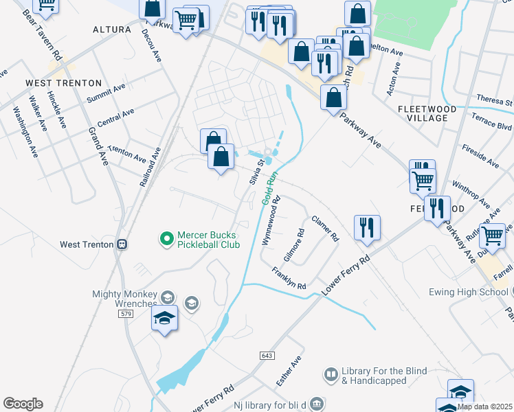 map of restaurants, bars, coffee shops, grocery stores, and more near 302 Wynnewood Road in Ewing Township
