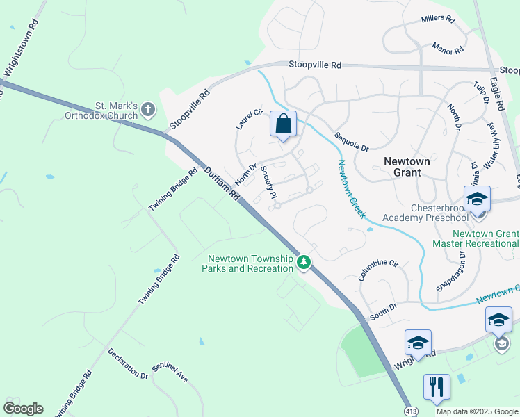 map of restaurants, bars, coffee shops, grocery stores, and more near 1104 Society Place in Newtown