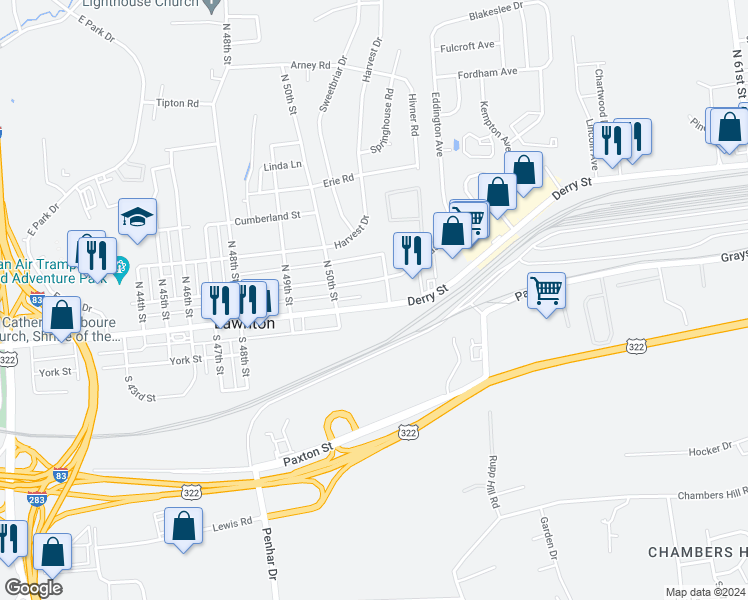 map of restaurants, bars, coffee shops, grocery stores, and more near 5020 Derry Street in Harrisburg