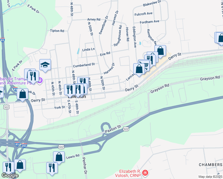 map of restaurants, bars, coffee shops, grocery stores, and more near 5020 Derry Street in Harrisburg