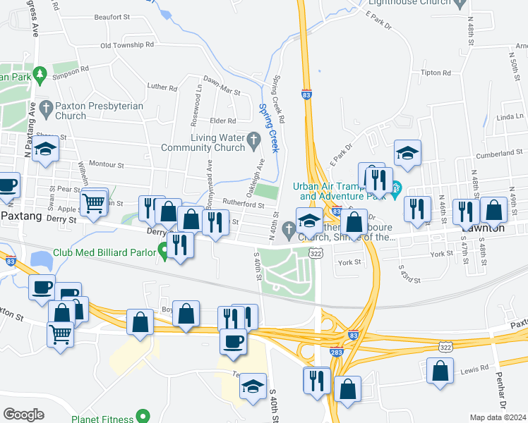 map of restaurants, bars, coffee shops, grocery stores, and more near 3913 Rutherford Street in Harrisburg