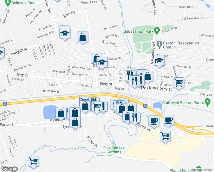 map of restaurants, bars, coffee shops, grocery stores, and more near 3011 Derry Street in Harrisburg