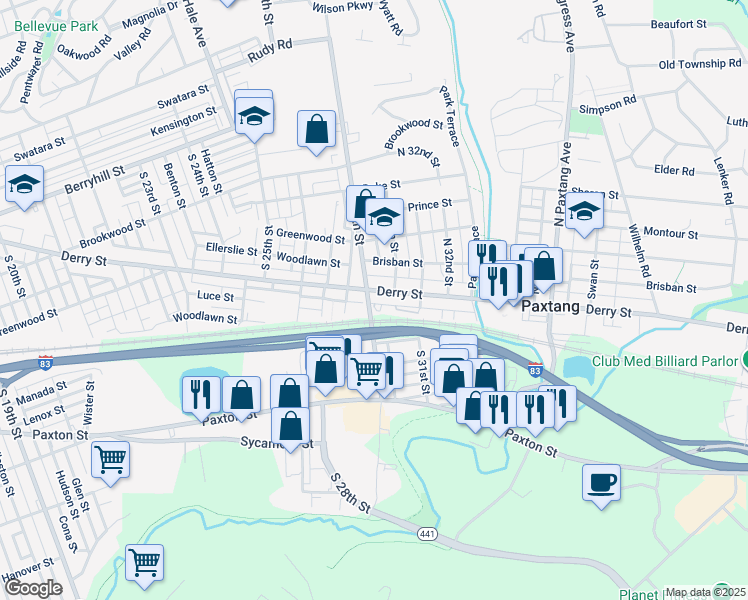 map of restaurants, bars, coffee shops, grocery stores, and more near 2925 Pike Street in Harrisburg