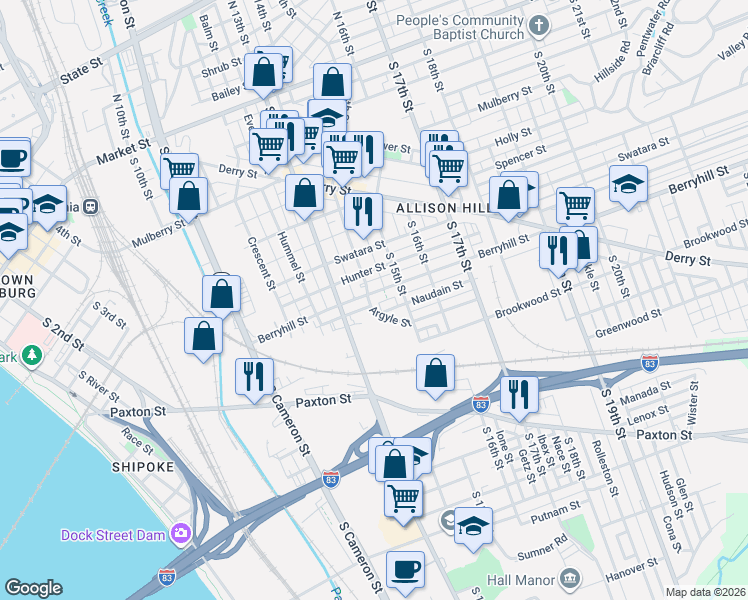 map of restaurants, bars, coffee shops, grocery stores, and more near 515 South 13th Street in Harrisburg