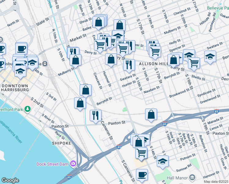 map of restaurants, bars, coffee shops, grocery stores, and more near 1247 Berryhill Street in Harrisburg