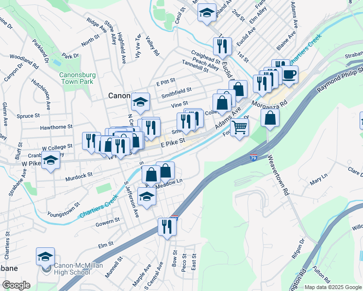 map of restaurants, bars, coffee shops, grocery stores, and more near 152 East Pike Street in Canonsburg