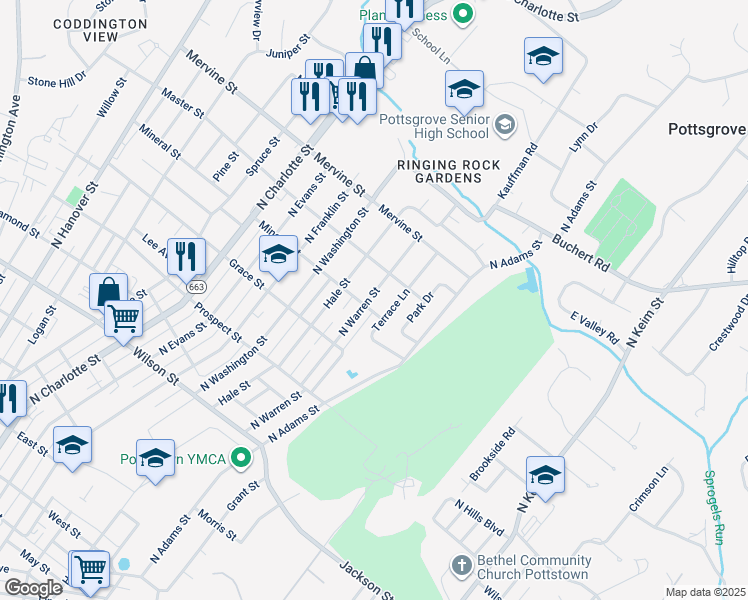 map of restaurants, bars, coffee shops, grocery stores, and more near 1012 North Warren Street in Pottstown