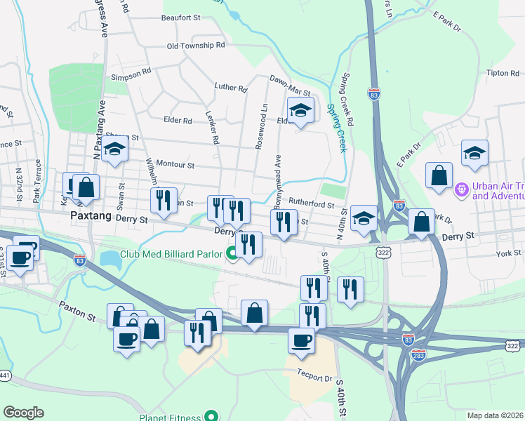 map of restaurants, bars, coffee shops, grocery stores, and more near 3841 Brisban Street in Harrisburg