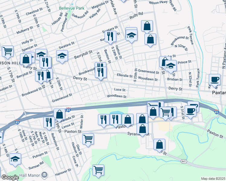 map of restaurants, bars, coffee shops, grocery stores, and more near 2305 Luce Street in Harrisburg