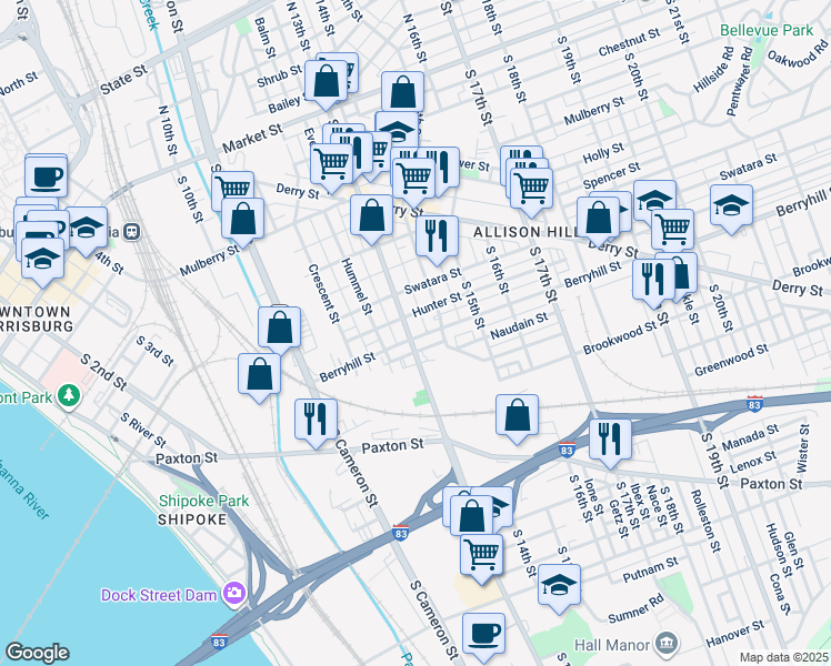 map of restaurants, bars, coffee shops, grocery stores, and more near 445 South 13th Street in Harrisburg