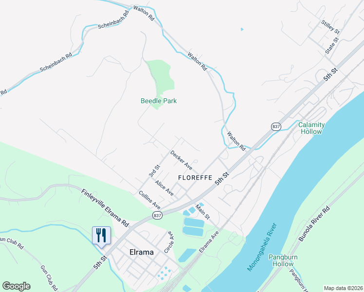 map of restaurants, bars, coffee shops, grocery stores, and more near 1300 Decker Avenue in Clairton