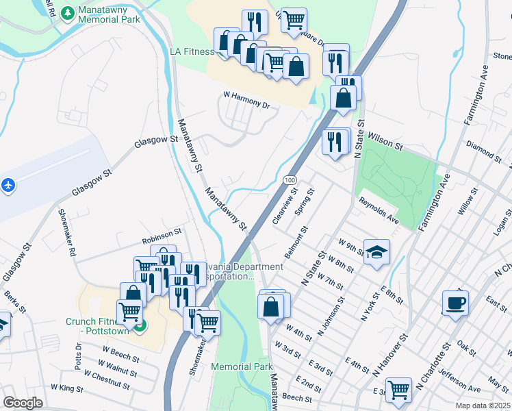 map of restaurants, bars, coffee shops, grocery stores, and more near 422 Upland Street in Pottstown