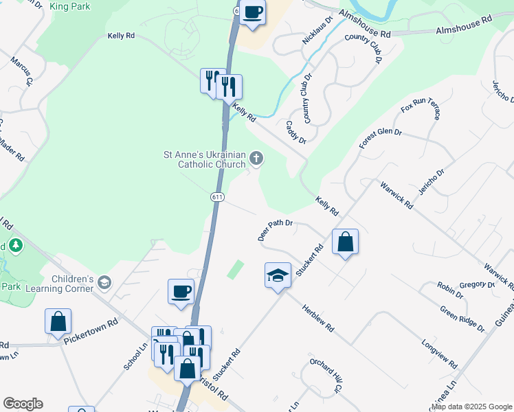 map of restaurants, bars, coffee shops, grocery stores, and more near 1507 Easton Road in Warrington