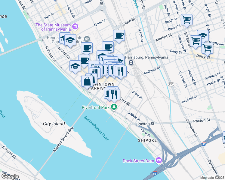 map of restaurants, bars, coffee shops, grocery stores, and more near 23 South 2nd Street in Harrisburg