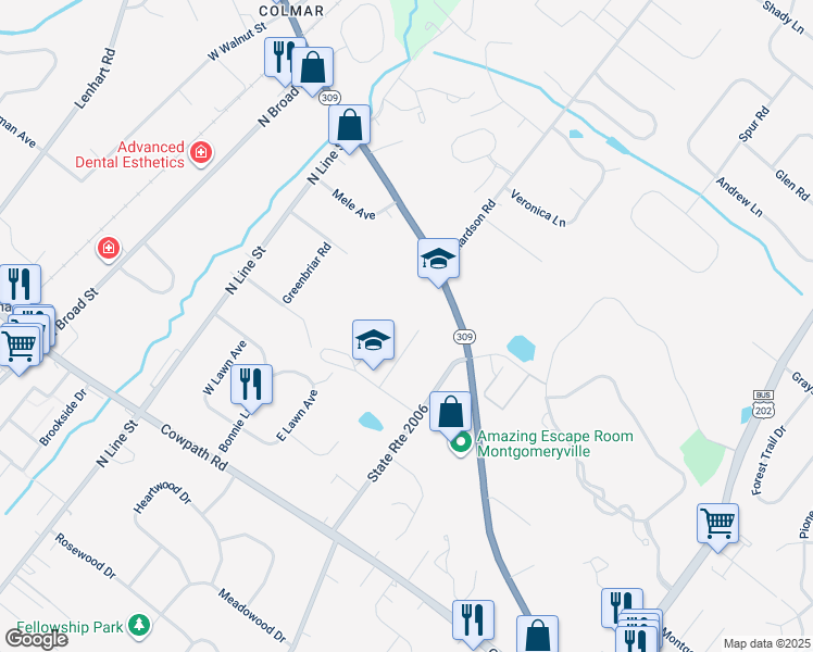 map of restaurants, bars, coffee shops, grocery stores, and more near 7 Lantern Lane in Lansdale