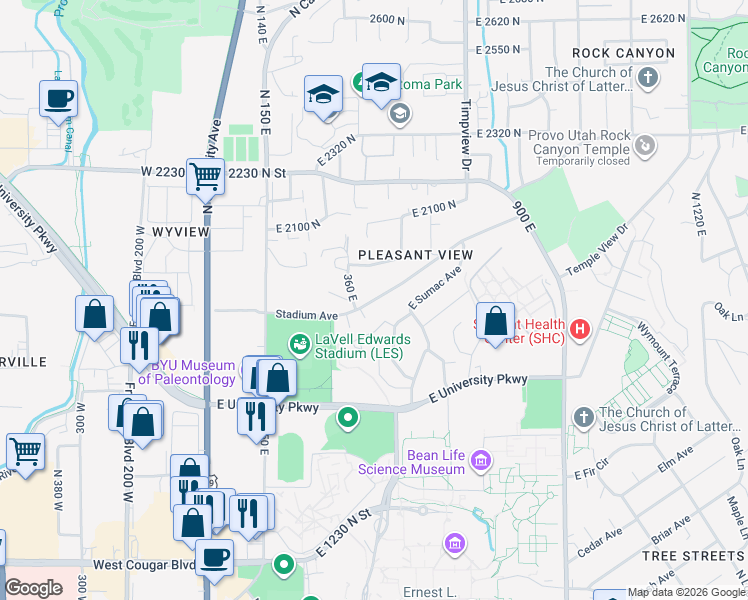map of restaurants, bars, coffee shops, grocery stores, and more near 415 Stadium Avenue in Provo