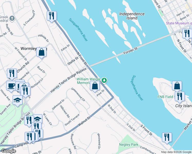 map of restaurants, bars, coffee shops, grocery stores, and more near 340 North Front Street in Wormleysburg
