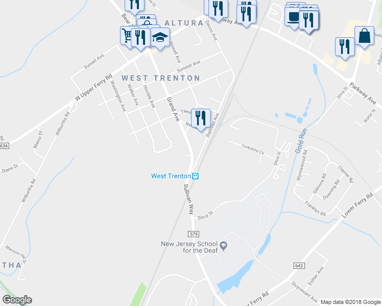 map of restaurants, bars, coffee shops, grocery stores, and more near 455 Grand Avenue in Ewing Township