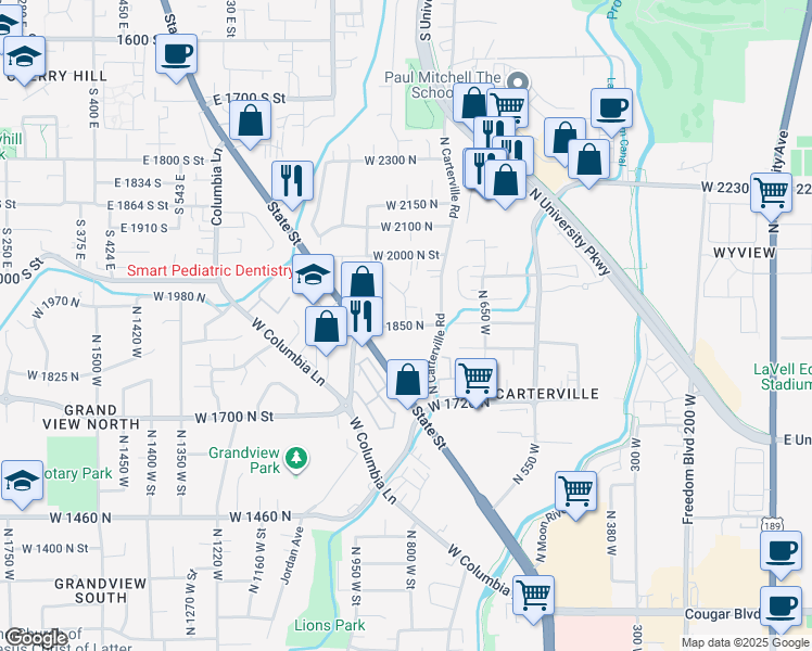 map of restaurants, bars, coffee shops, grocery stores, and more near 1850 North 840 West in Provo