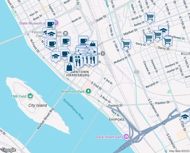 map of restaurants, bars, coffee shops, grocery stores, and more near 260 Chestnut Street in Harrisburg