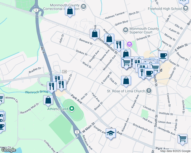 map of restaurants, bars, coffee shops, grocery stores, and more near 62 Bowne Avenue in Freehold